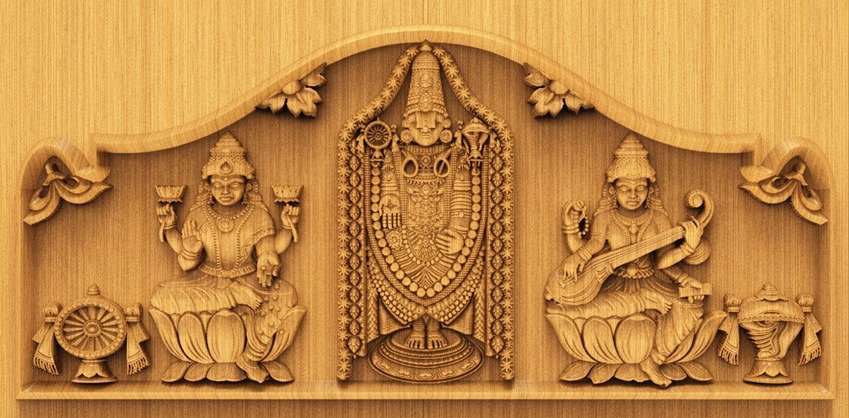 H God Frame - HB-30 Divine Tirupati Balaji and Goddesses Wood Carving 3D Relief Model